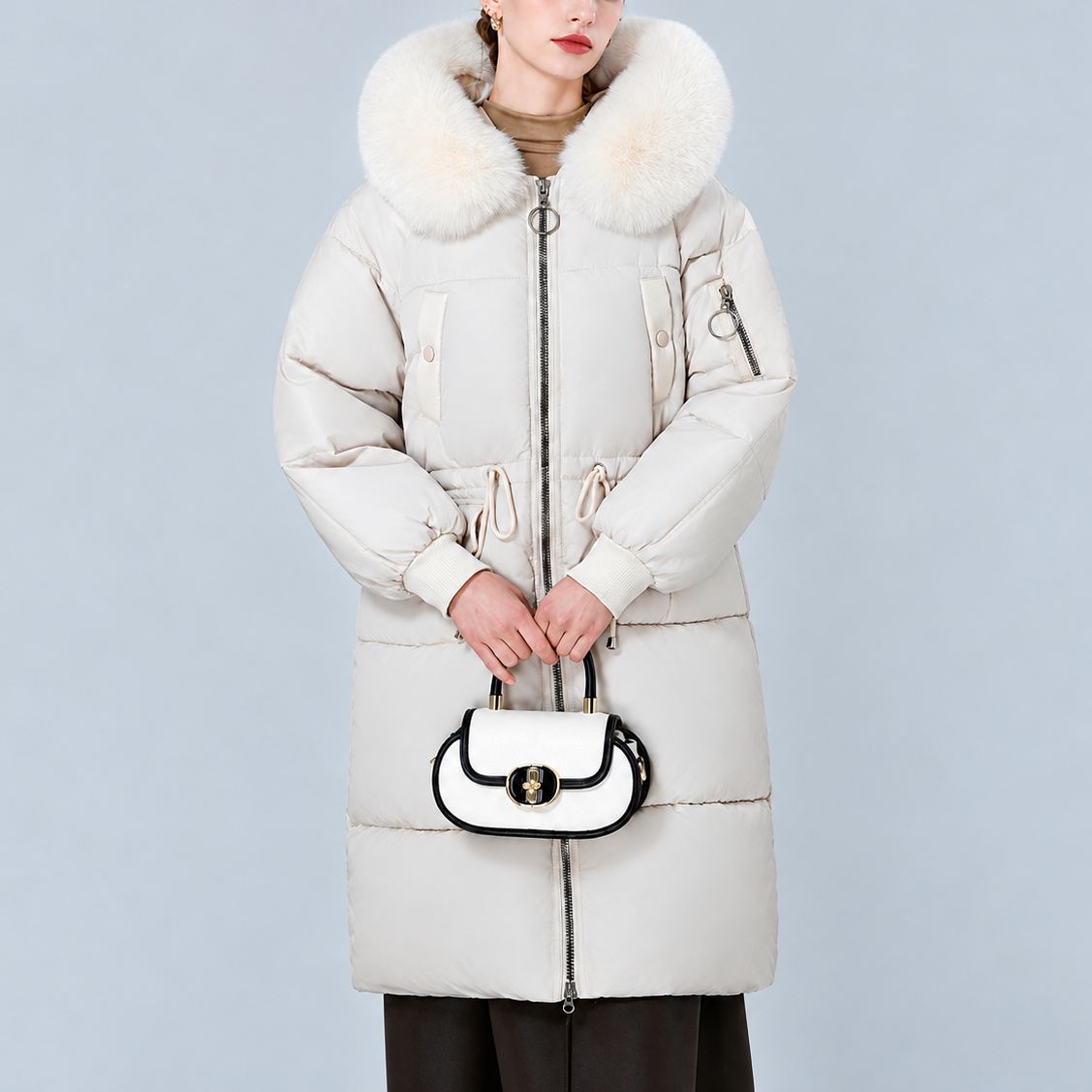 White mid-long padded winter coat with plush fur-trimmed hood and zip front