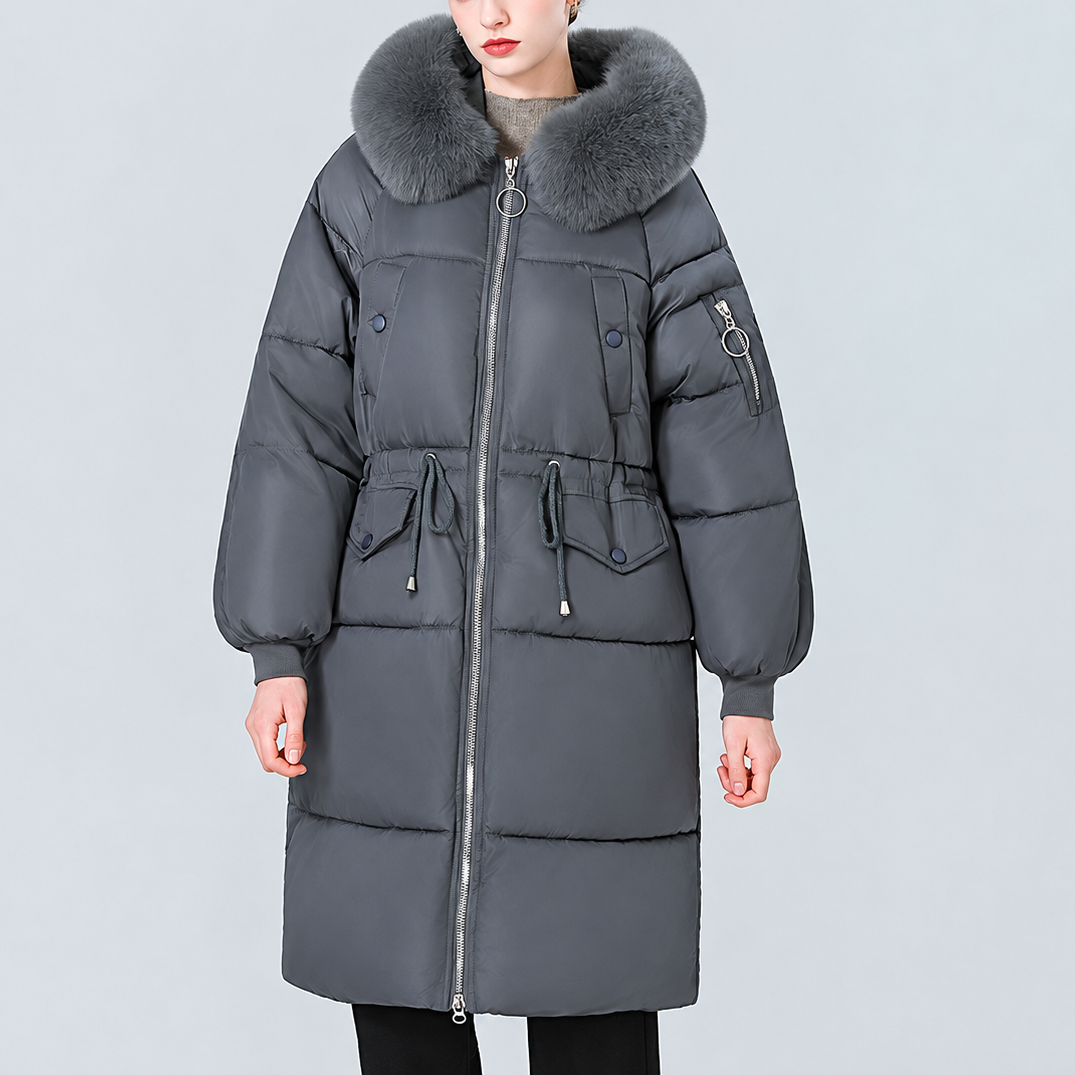 Dark charcoal mid-long padded winter coat with plush fur-trimmed hood and zip front