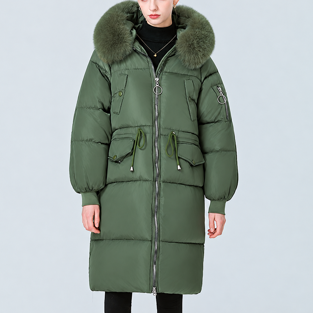 Olive green mid-long padded winter coat with plush fur-trimmed hood and zip front