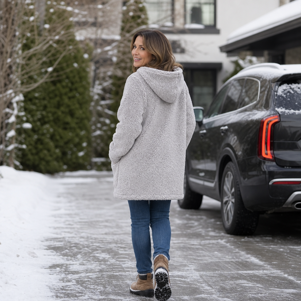 Grey plush hooded cardigan with full zip front and textured sherpa-like fabric
