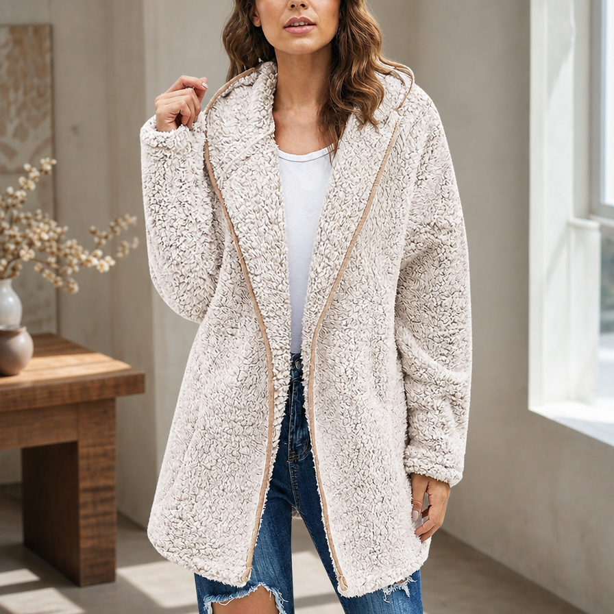 Cream plush hooded cardigan with front zip and brown zipper trim