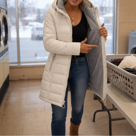 Beige longline puffer coat with plush gray hood lining, front zip, side pocket zips