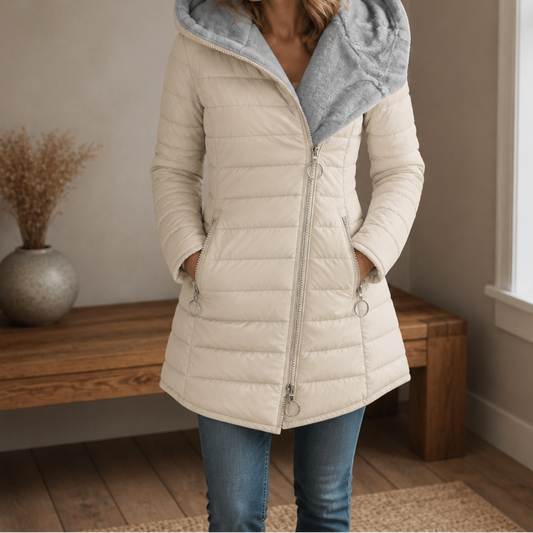 Longline puffer coat with plush hood lining, beige, front zip and side pockets