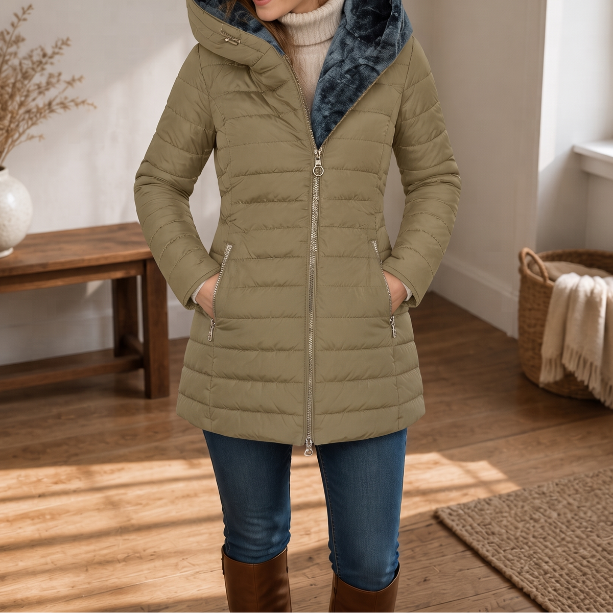 Plush-Lined Hooded Longline Puffer Coat
