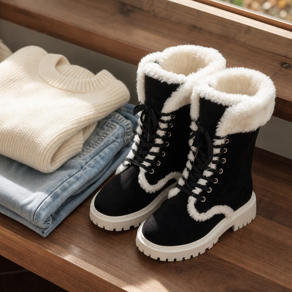 Pair of black lace-up mid-calf boots with plush trim and white-rim outsole