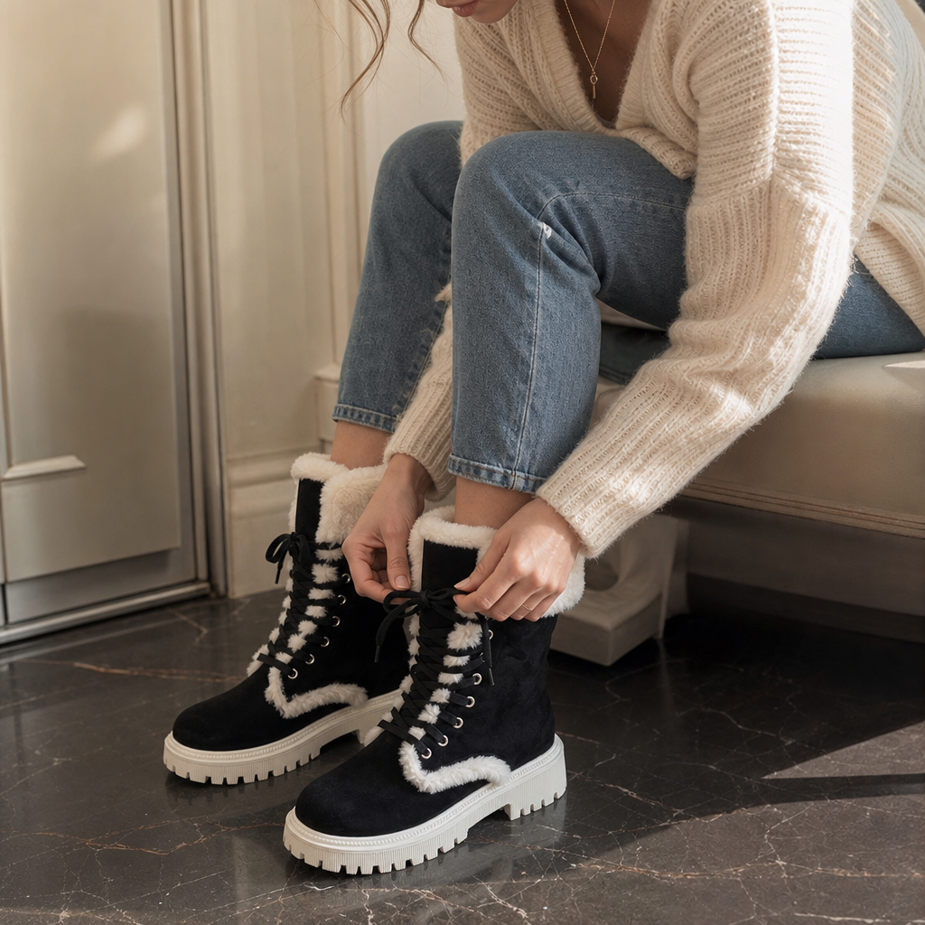 Black mid-calf lace-up boots with plush lining and low-profile lug sole