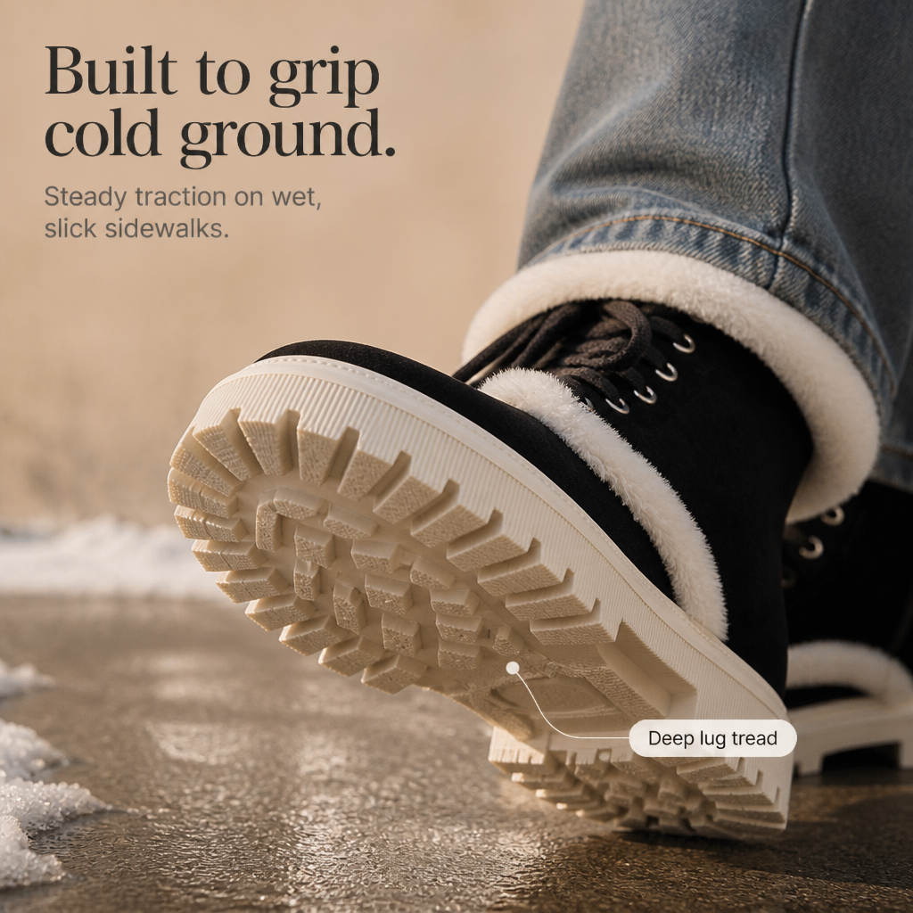Black boots showing deep tread outsole with plush-lined cuff
