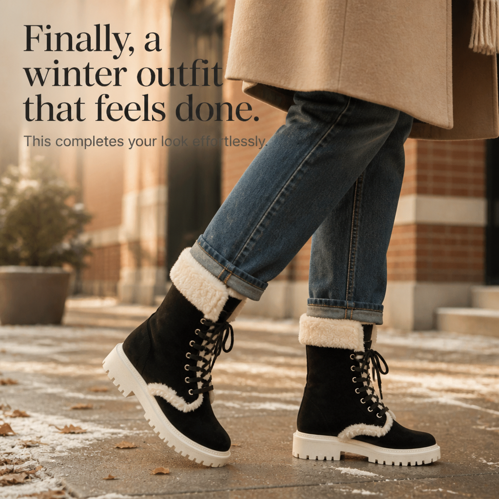 Black mid-calf lace-up boots with plush lining and faux-fur cuff, thick sole