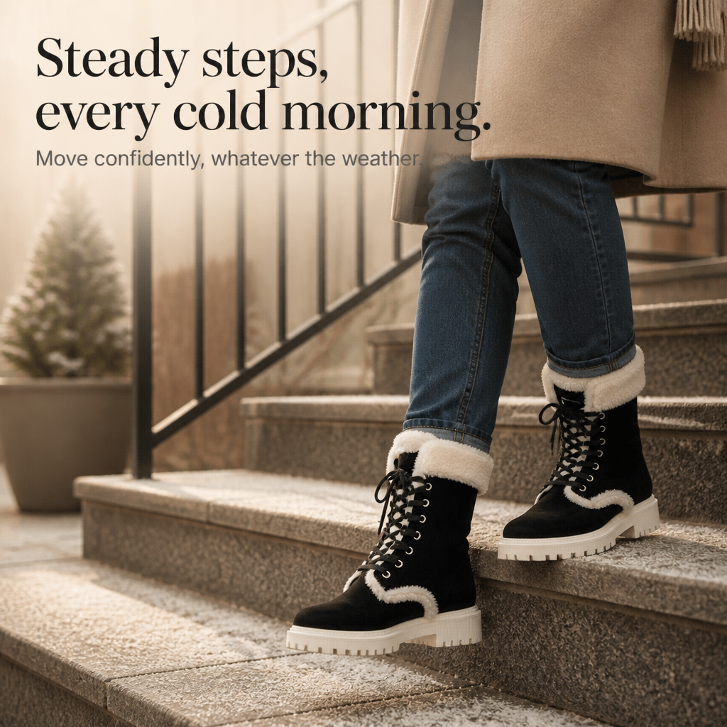 Black lace-up mid-calf boots with sherpa lining, padded cuff, chunky white sole