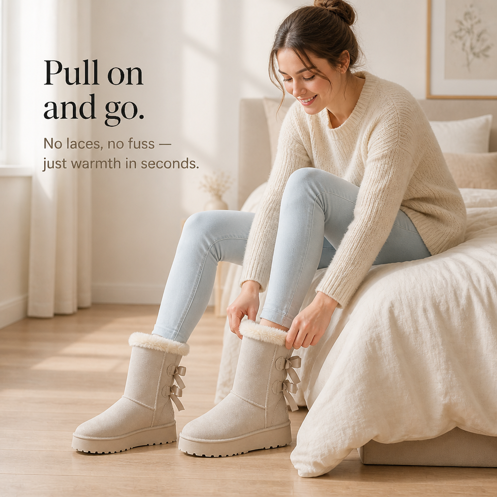 Beige plush-lined platform winter boots with faux-fur cuffs and ribbon bow detail