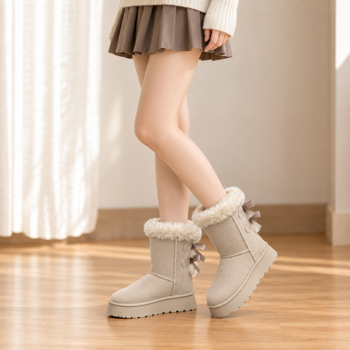 Beige plush-lined platform winter boots with faux-fur trim and ribbon bow accents