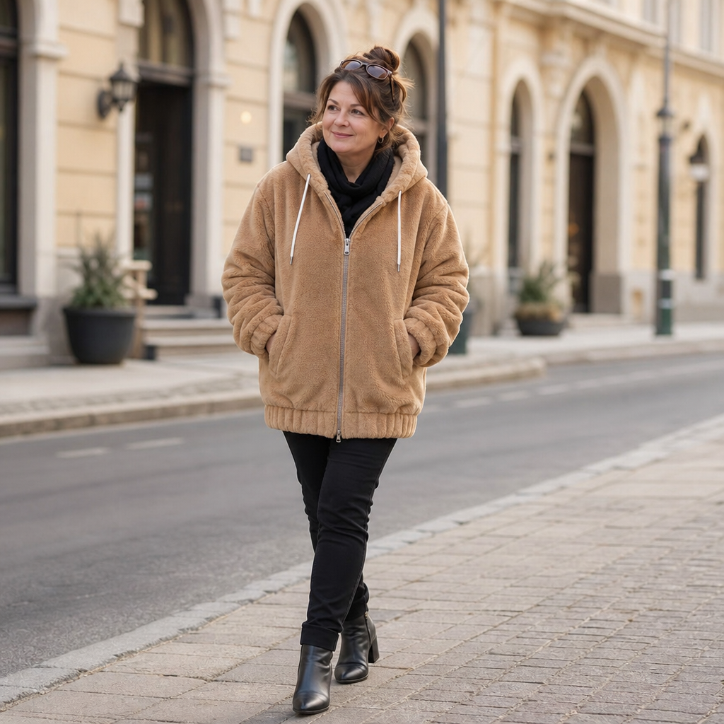 Plush-lined hooded vest with zip front and drawstring hood, tan/beige, worn over pants.