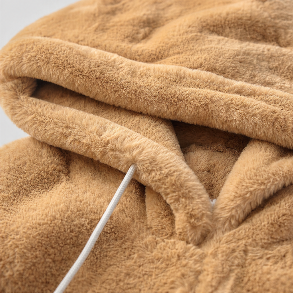 Plush-lined hood area with drawstring channel and soft tan/beige texture close-up.