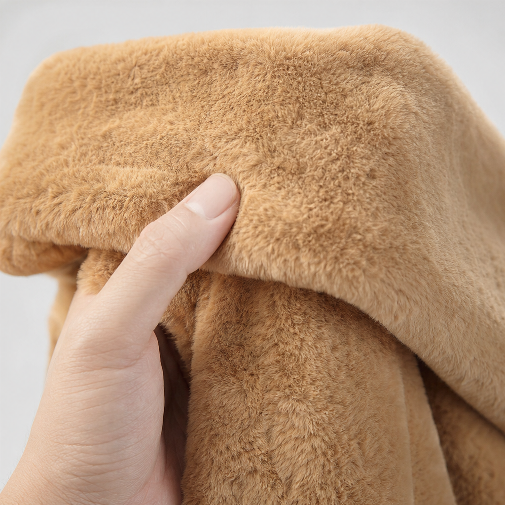 Hand touching tan/beige plush fabric lining on a hooded vest, soft texture close-up.