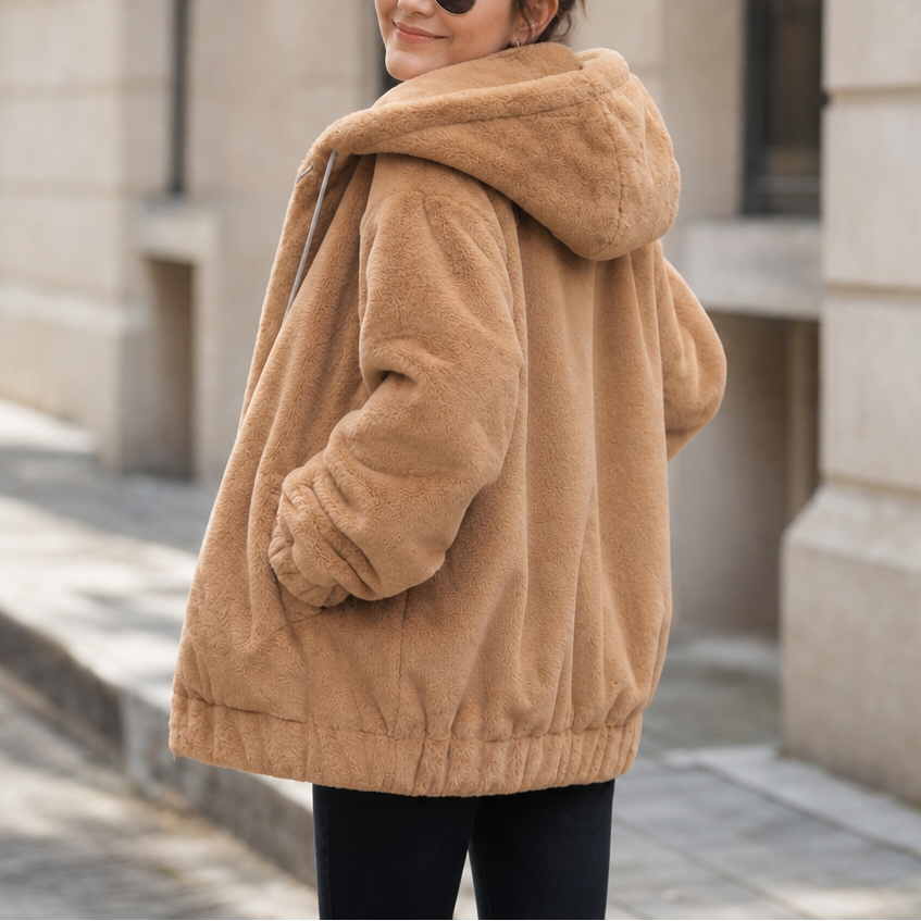 Khaki plush-lined hooded vest with front kangaroo pocket and cozy plush cuffs