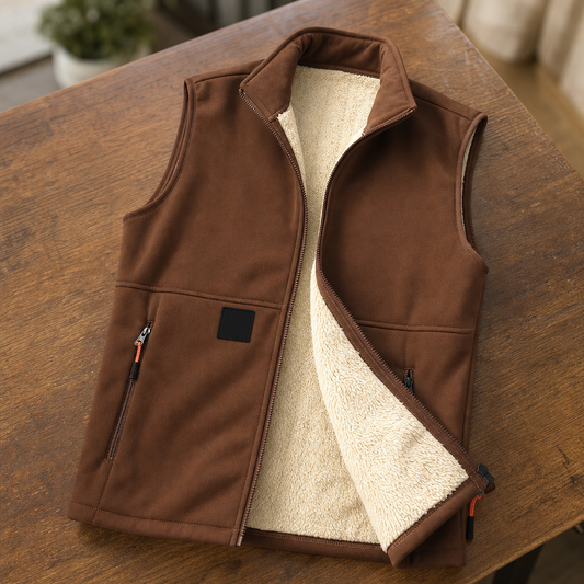 Coffee-brown sleeveless winter vest with plush lining, zip pockets, and front zipper