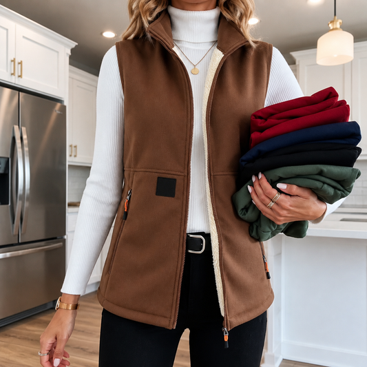 Coffee-brown plush-lined sleeveless winter vest with zip pockets and front zipper