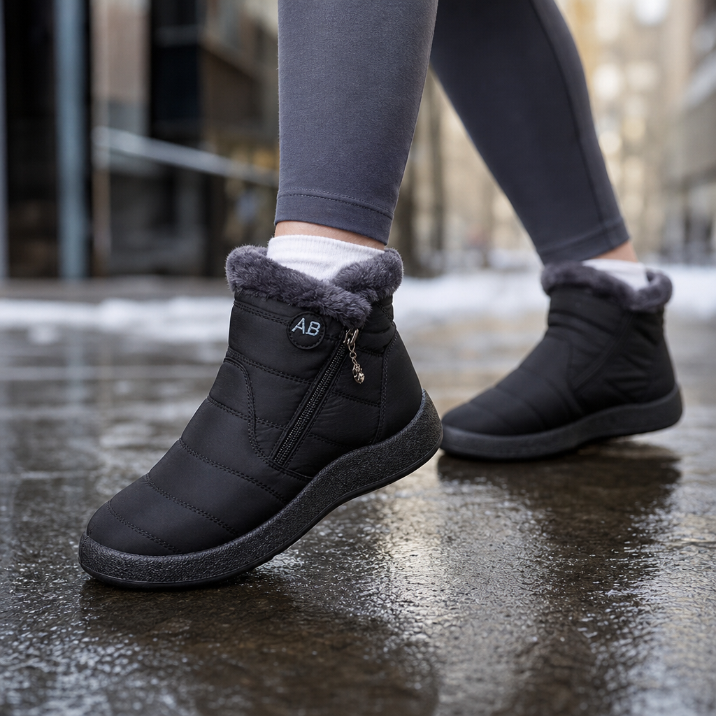 Plush-lined ankle boots in black with side zipper and cushioned toe.