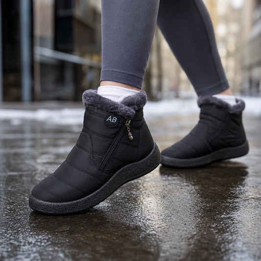 Plush-lined ankle boots in black with side zipper and cushioned toe.