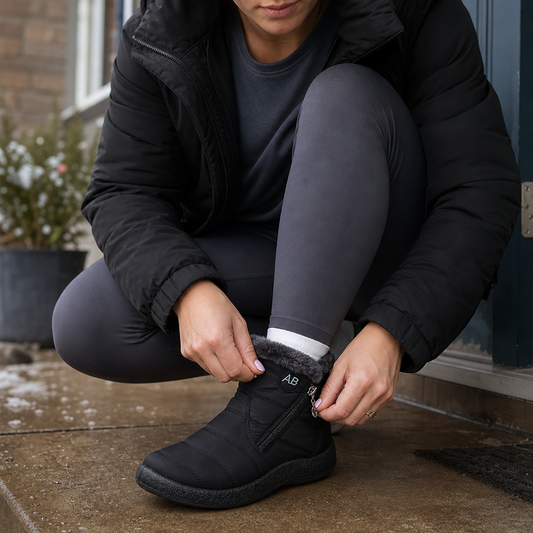 Black plush-lined ankle boots with side zipper, worn with slim pants.