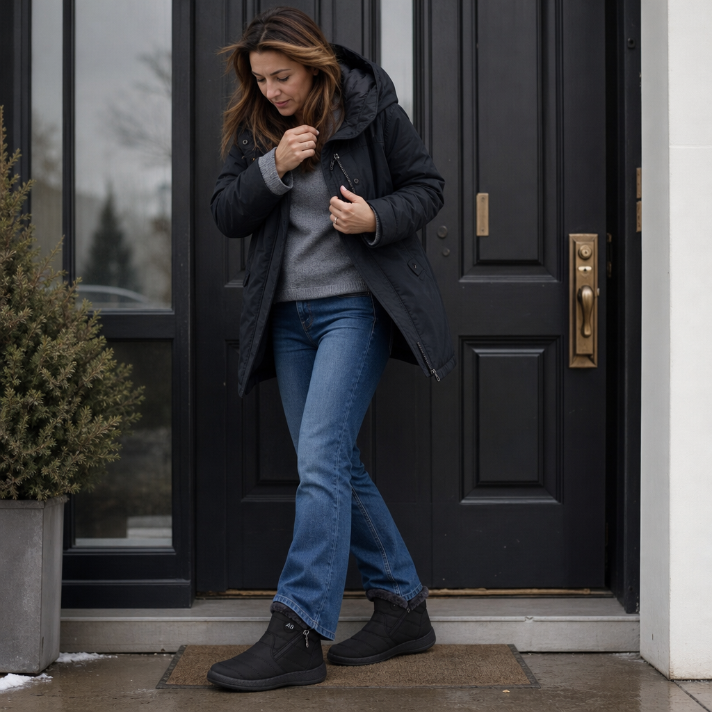 Black plush-lined ankle boots with side zipper and rugged sole.