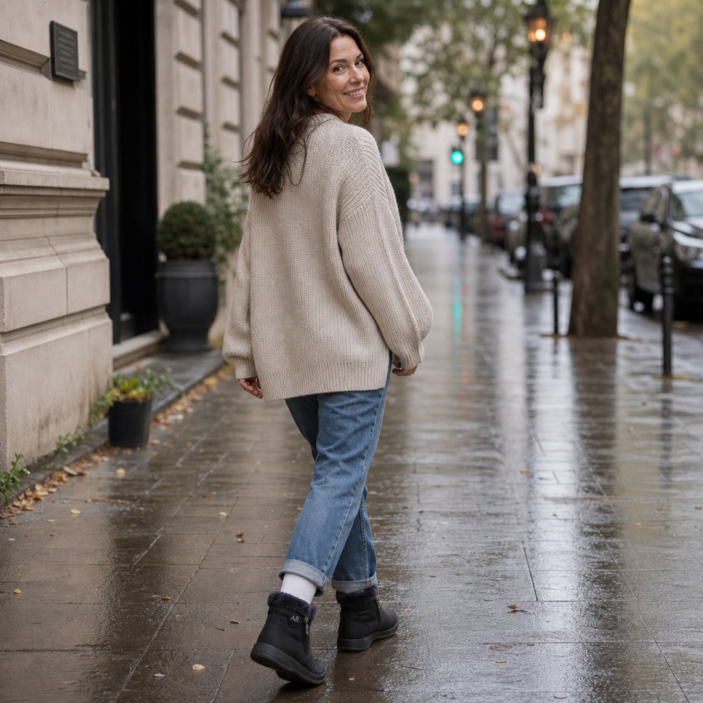 Black plush-lined ankle boots with side zipper, styled with jeans.