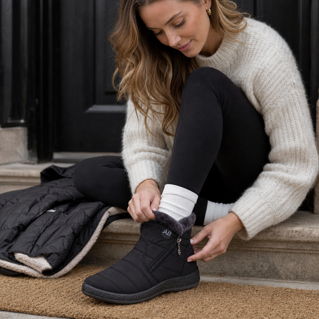 Plush-lined black ankle boots with faux-fur collar and AB emblem on cuff.