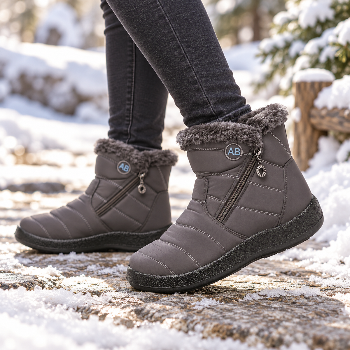 Grey plush-lined ankle boots with fuzzy cuff and side zipper closure
