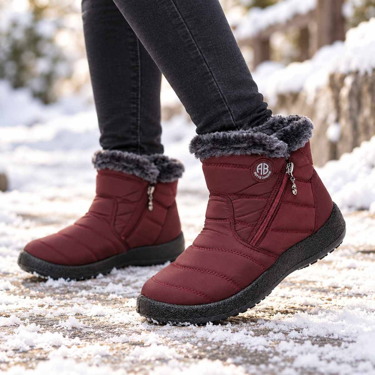 Burgundy plush-lined ankle boots with fuzzy cuff and side zipper closure