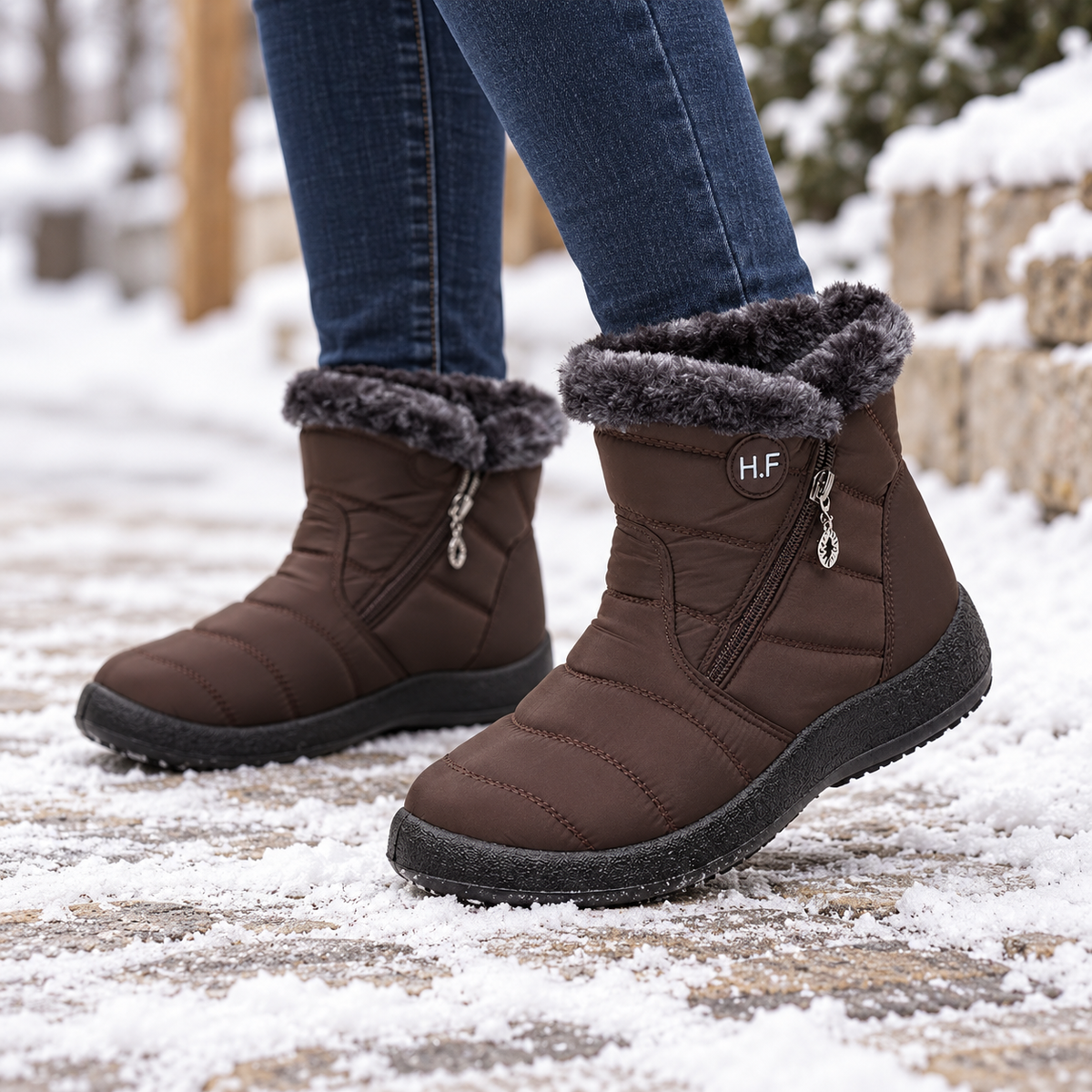 Brown plush-lined ankle boots with fuzzy cuff and side zipper closure
