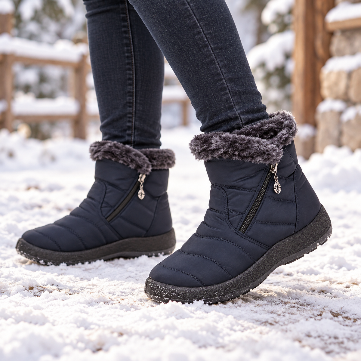 Navy plush-lined ankle boots with fuzzy cuff and side zipper closure