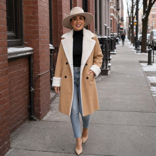 Women's wool coat, tan with white sherpa-style trim and front buttons, longline