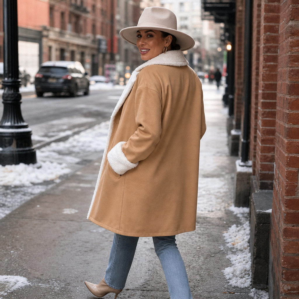 Women's wool coat in tan with white plush-trimmed stand collar and sleeves