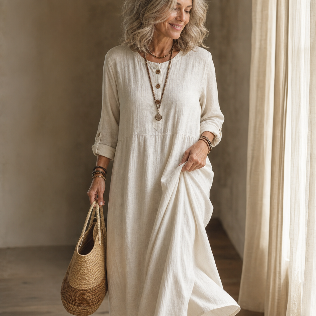 Beige maxi dress with round neckline, 3/4 sleeves, and front button placket