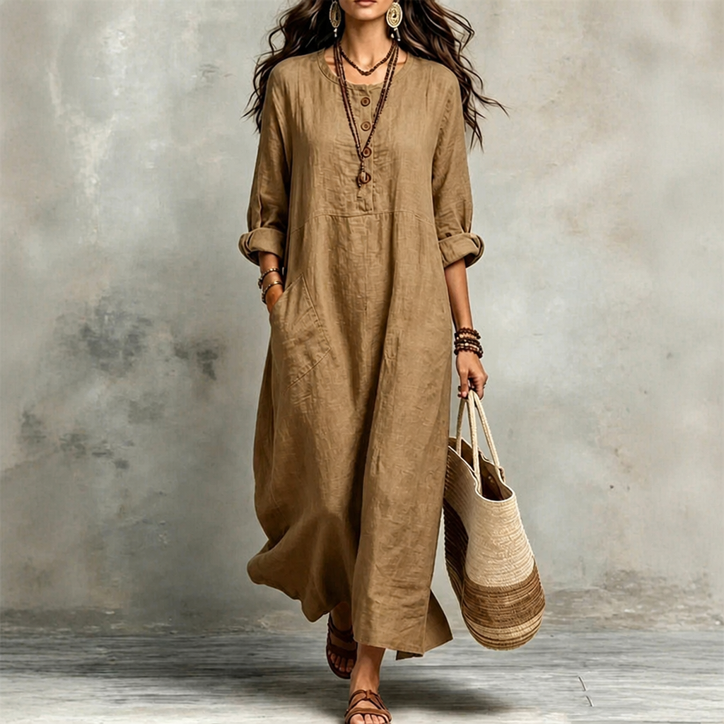Khaki pocketed maxi dress with button front and 3/4 sleeves, tiered skirt.