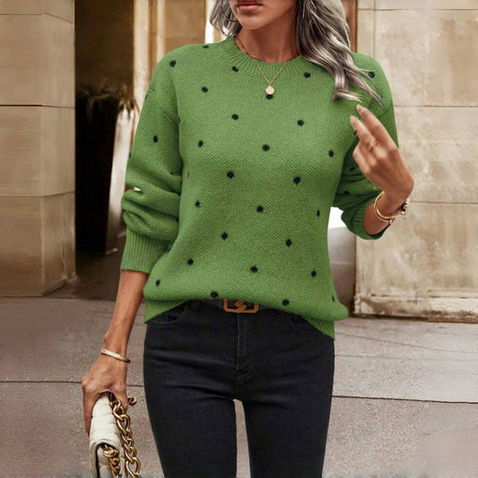 Green pullover sweater with small black polka dots and crew neck