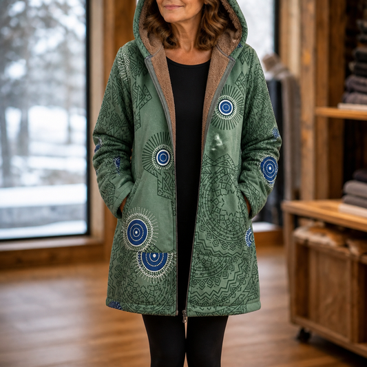 Printed hooded winter coat in green with abstract circle motifs, zip front, and tan hood lining