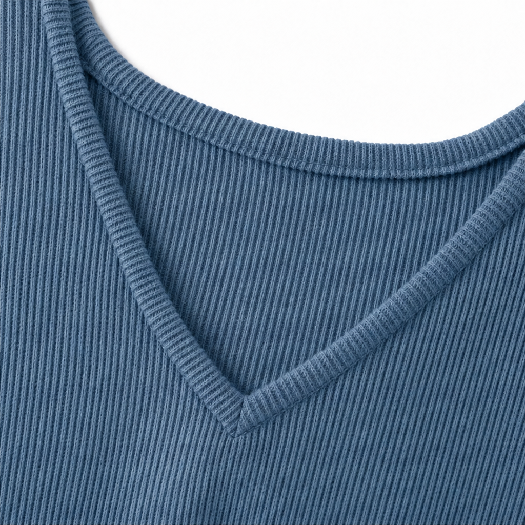 V-neck ribbed collar on blue knit long-sleeve shirt