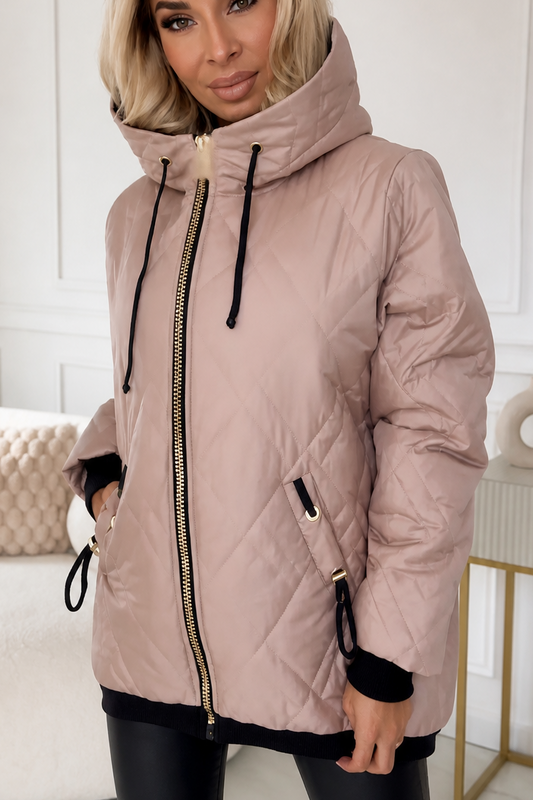 Quilted hooded zip-front jacket, light pink, with front zipper and drawstring hood