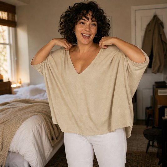 Khaki relaxed fit V-neck three-quarter sleeve blouse with loose, flowing silhouette