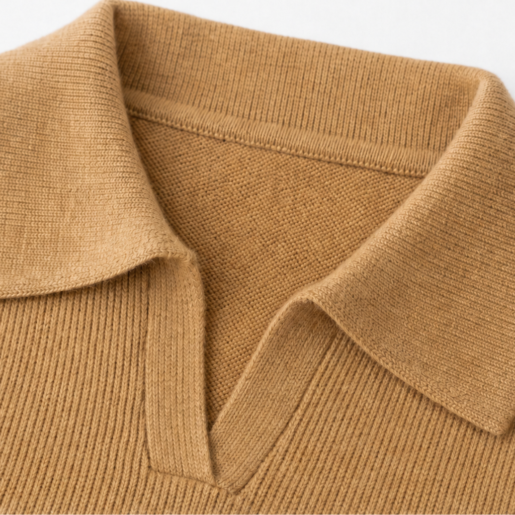 Khaki knit polo collar and neckline seam close-up