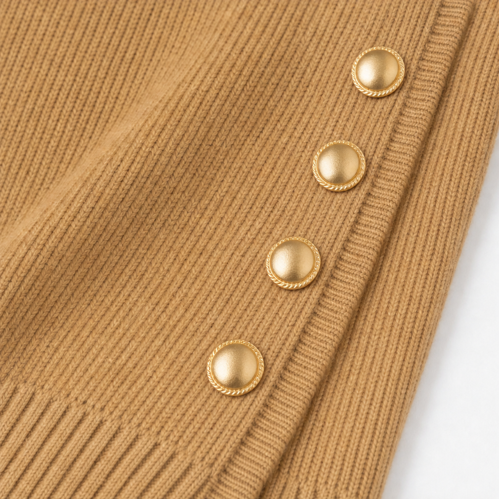 Khaki sweater front with gold snap buttons close-up