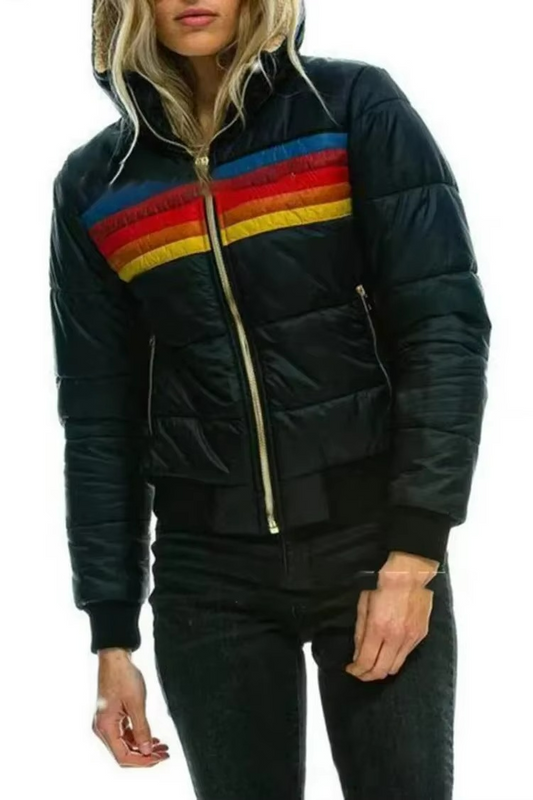 Full-zip striped puffer jacket in dark navy with rainbow stripe at the chest