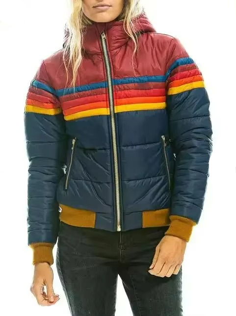Full-zip striped puffer jacket with burgundy top, dark navy lower, and rainbow bands