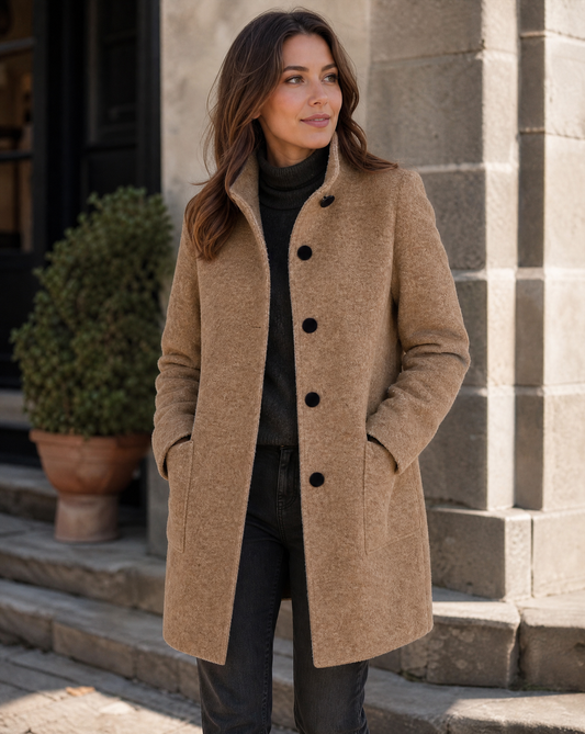 Camel wool stand-collar coat with dark buttons and front pockets