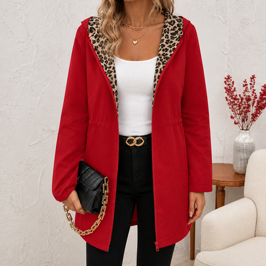 Reversible hooded coat with red outer and leopard-print trim, zip front