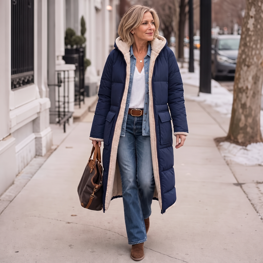 Reversible quilted winter coat in navy blue, hooded with sherpa-look trim and front pockets