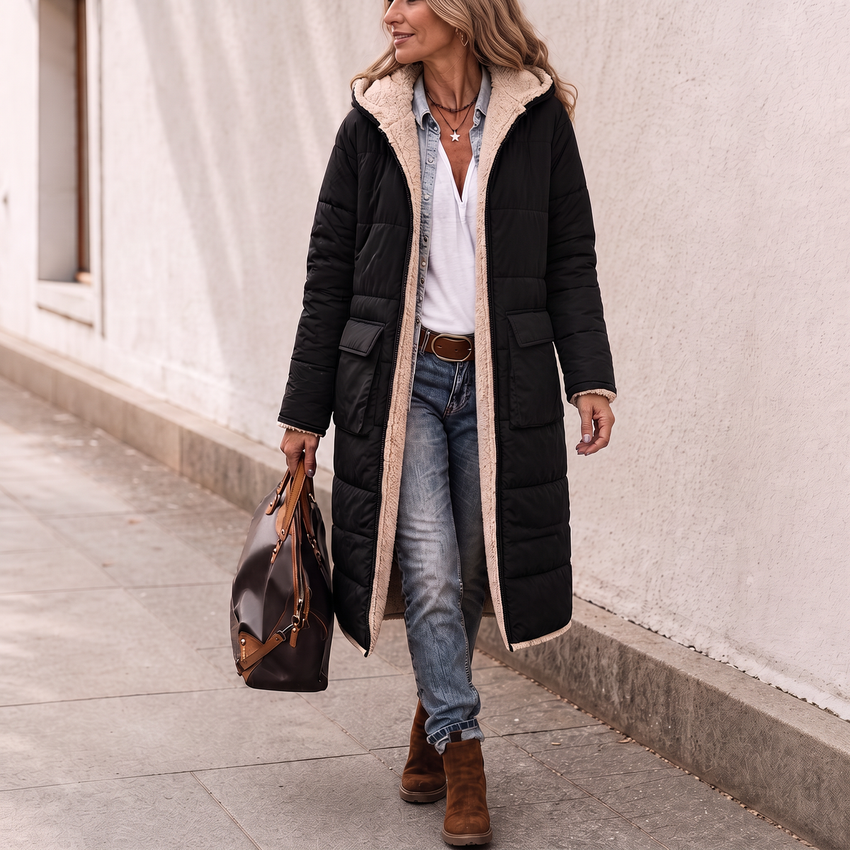 Reversible Quilted Sherpa-Look Winter Coat