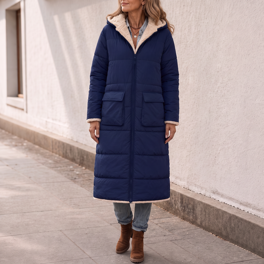 Reversible quilted winter coat, blue with tan sherpa-look hood and lining