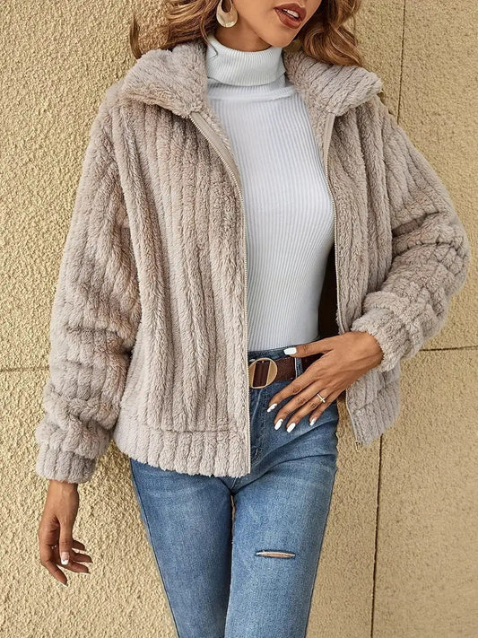 Light grey ribbed cardigan jacket with hood-style collar and long sleeves